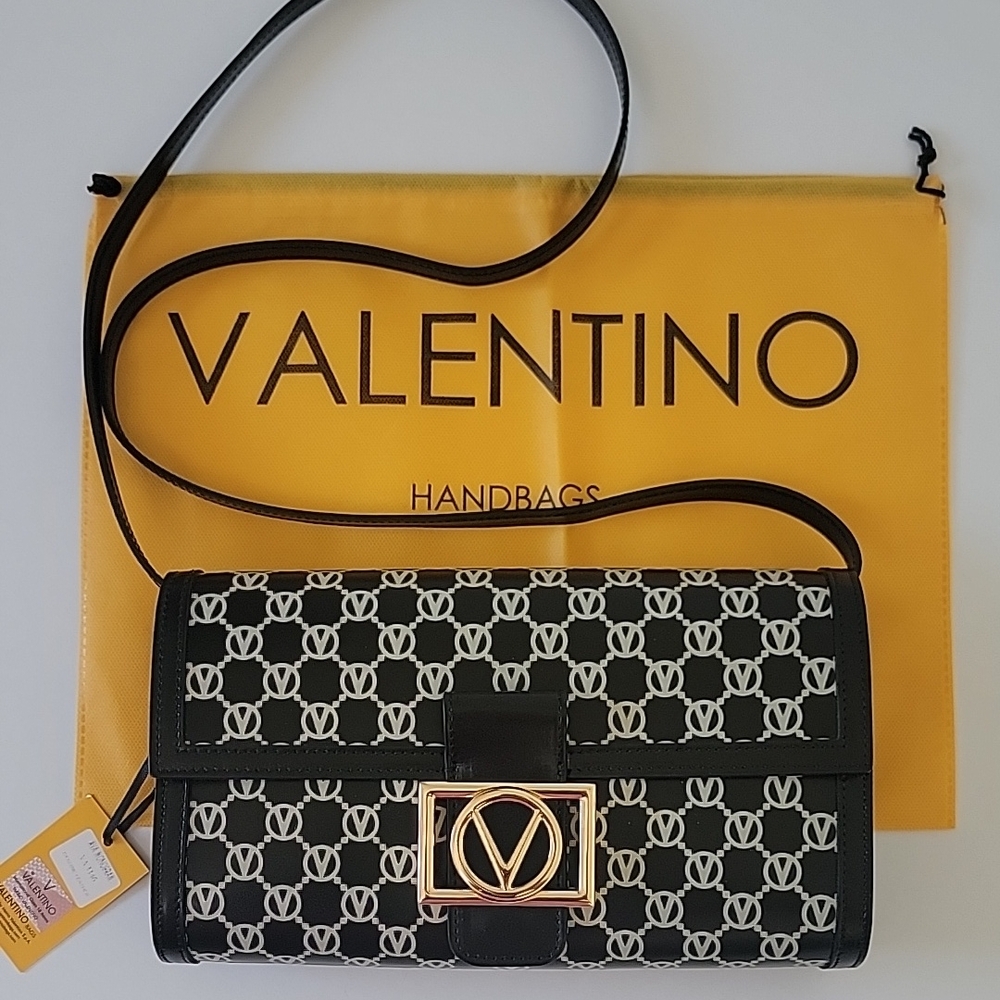 NWT Authentic Mario Valentino Ava Leather Crossbody Designer Bag Black White